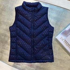 GAP Girls Puffer Vest. Navy Rainbow polka dot. Size Medium